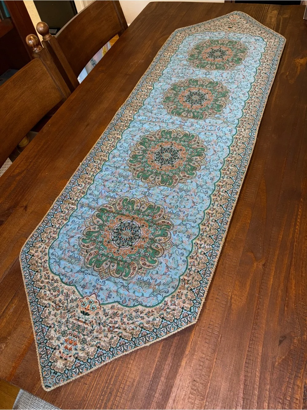 Fine Textile Woven Turquoise, Gold, and Green Decorative Table Runner